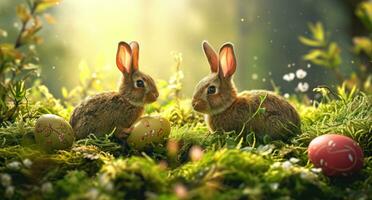 AI generated easter eggs in the green grass with two rabbits in the middle photo