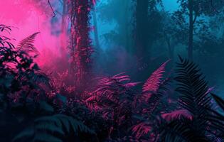 ai generado oscuro bosque resumen fondo de pantalla con neón luces foto