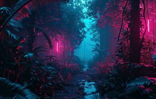 AI generated dark forest abstract wallpaper with neon lights photo