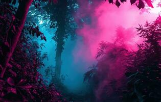 AI generated dark forest abstract wallpaper with neon lights photo