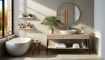 AI generated Modern, elegant bathroom design with clean, bright ceramics and marble generated by AI photo