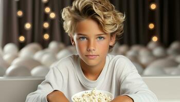 AI generated Cute Caucasian boy enjoying snack, watching movie on cozy sofa generated by AI photo