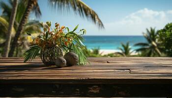 ai generado tropical palma árbol, azul línea costera, relajación, Coco agua, tranquilo escena generado por ai foto