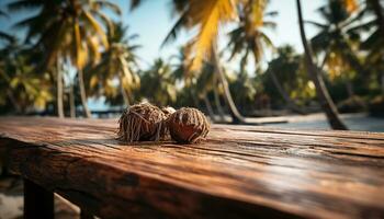 AI generated Tropical coconut palm tree on sandy beach, perfect summer vacation generated by AI photo