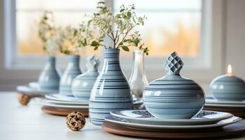AI generated Elegant pottery vase on table, adorned with creative flower arrangement generated by AI photo