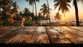ai generado tropical palma árbol atardecer, naturaleza belleza en de madera mesa generado por ai foto