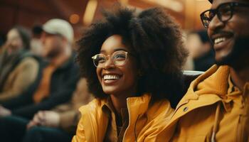 AI generated A group of young adults smiling, enjoying winter outdoors together generated by AI photo