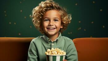 ai generado sonriente caucásico niño disfrutando bocadillo, sentado en cómodo sofá generado por ai foto