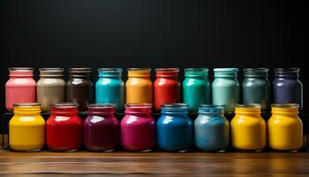 AI generated A vibrant collection of colorful bottles on a wooden table generated by AI photo