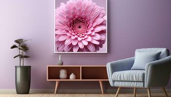 AI generated A modern apartment with a purple flower on a wooden table generated by AI photo