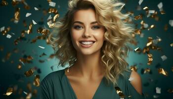 AI generated Smiling blond beauty, young adult, cheerful, looking at camera generated by AI photo
