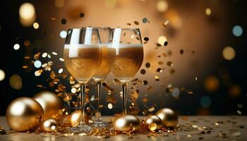 ai generado celebracion de alegría, champán burbujas iluminar oscuro invierno noche generado por ai foto