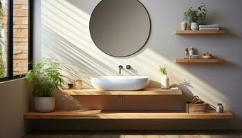 ai generado moderno Doméstico baño diseño con elegante bañera y lavabo generado por ai foto