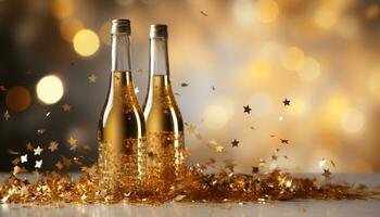 ai generado dorado celebracion champán botella estallidos, papel picado explota, fiesta brilla generado por ai foto