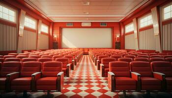 AI generated Empty auditorium with comfortable chairs and velvet armchairs in rows generated by AI photo