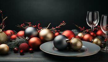 AI generated Christmas ornament decoration on table, shining gold ball gift generated by AI photo