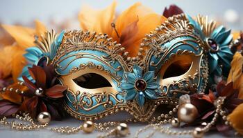 AI generated Elegant gold mask, feathered costume, Mardi Gras celebration generated by AI photo