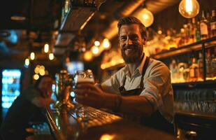 ai generado bar propietario con un cerveza vaso en mano foto