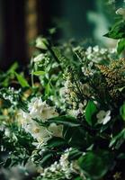 AI generated bouquets of different greens and white flowers for a wedding photo