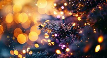 AI generated bokeh effect christmas tree background blurred and shining christmas rings and lights photo