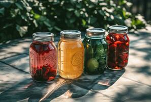 AI generated four mason jars with different fruit in them photo