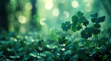 AI generated green background with some clover leaves photo