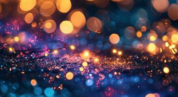 AI generated glittering christmas lights on purple and blue background photo