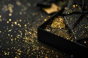 AI generated black box with gold ribbon and gold confetti photo