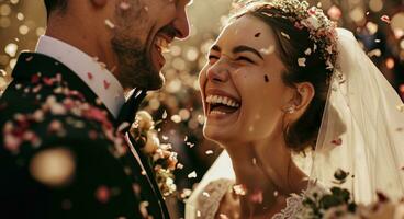 ai generado novia y novio sonriente y en alegría después siendo papel picado foto