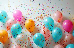 AI generated happy birthday background colorful balloons and confetti on white background photo