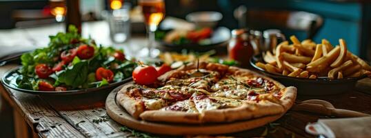 AI generated grill burger, pizza, salad, lettuce on wooden table photo