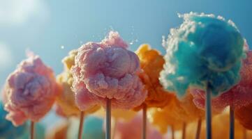 AI generated many colorful cotton candy on a stick in front of a bright background photo