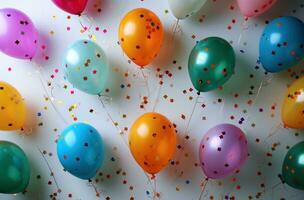 ai generado contento cumpleaños antecedentes vistoso globos y papel picado en blanco antecedentes foto