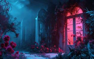 AI generated neon light and flowers with doors and plants photo