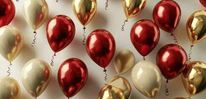 AI generated red and gold balloons on a white background photo