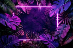 AI generated neon frame on dark background on the purple background with green leaves photo