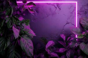 AI generated neon frame on dark background on the purple background with green leaves photo