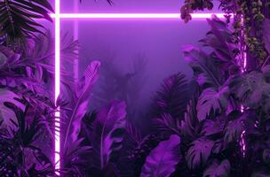 AI generated neon frame on dark background on the purple background with green leaves photo