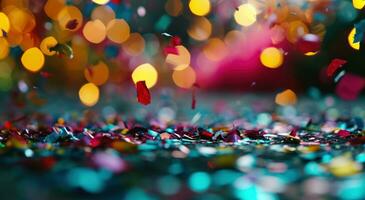 AI generated light colorful confetti falling on a surface with light flashes photo