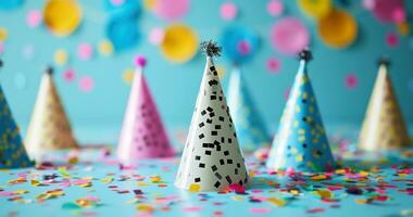 AI generated colorful party hats and confetti on blue background photo