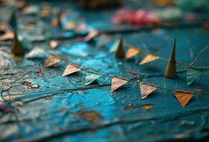 ai generado vistoso papel picado papel banderas en un azul antecedentes foto