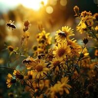 ai generado muchos abejas son en Entre amarillo flores foto