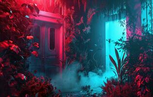 AI generated neon light and flowers with doors and plants photo