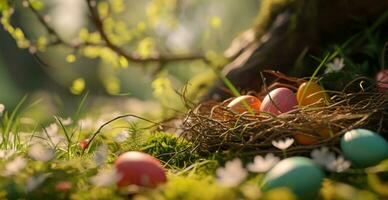 ai generado Pascua de Resurrección huevos nido en césped jardín escena foto