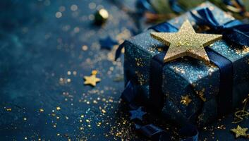 AI generated gift with gold star and ribbon on blue background photo