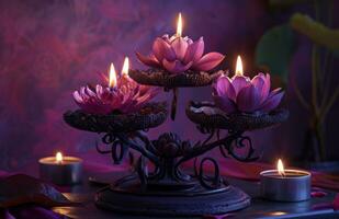 AI generated five candle stand on a purple background with lotus flower and a lotus ring photo