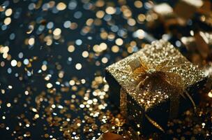 AI generated gift box on black background with gold confetti and confetti in the background photo