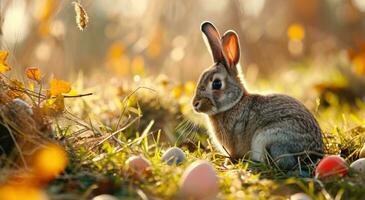 ai generado Pascua de Resurrección conejito en el campo con vistoso huevos foto