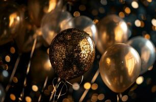 AI generated golden glittering balloons on a black background photo