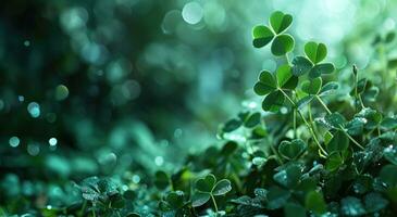 AI generated green background with some clover leaves photo